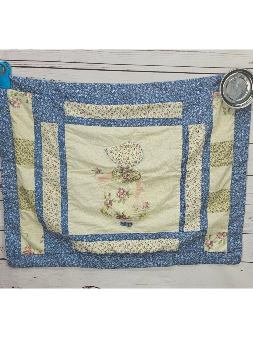 Vintage Handmade Sunbonnet Sue Quilt Pillow Sham Floral Patterns & Blue Borders